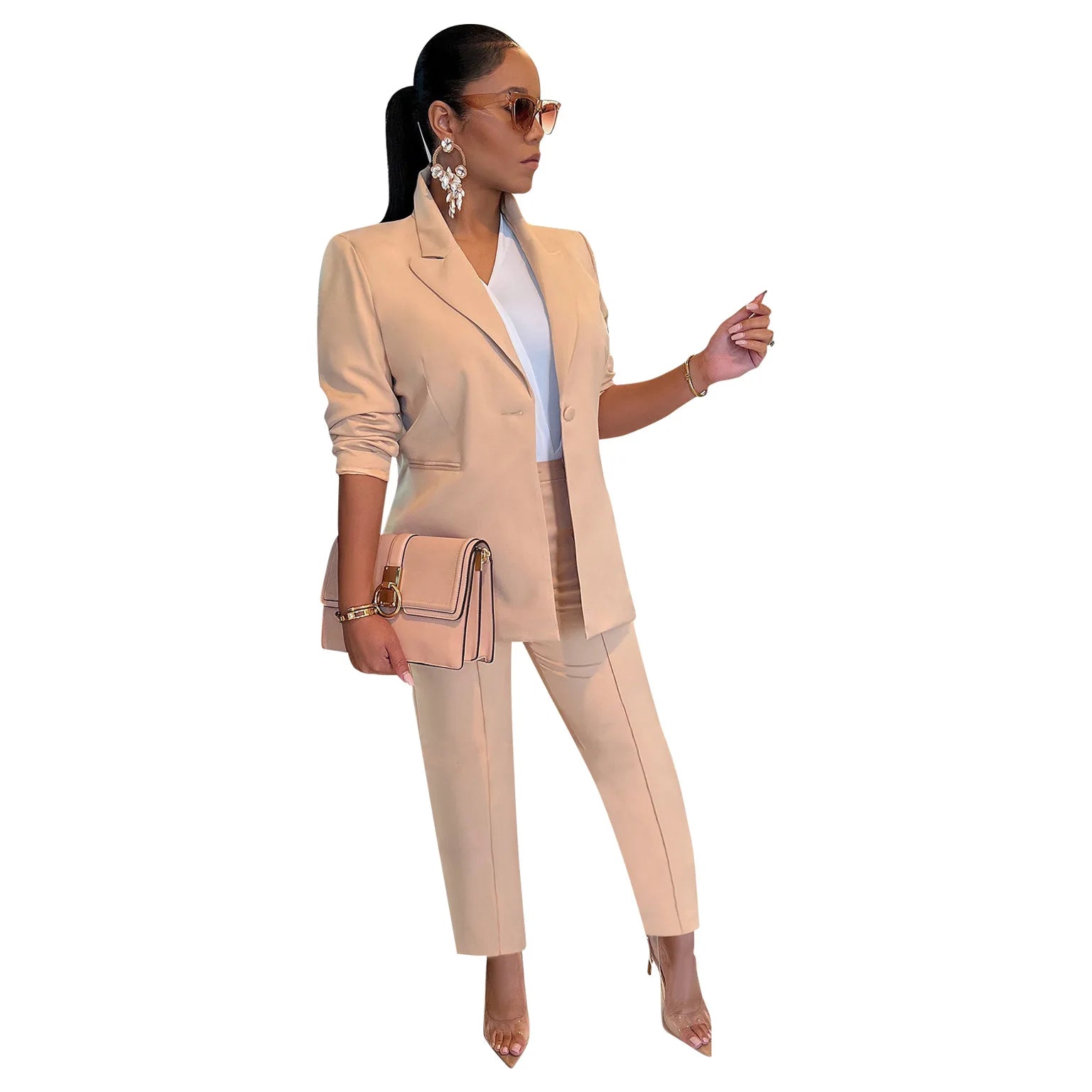 Women's Suit Blazer and Pants Casual Fashion Solid Long Sleeved Versatile Coat Tight Trousers Set Slim Fit Office 2 Piece Suit