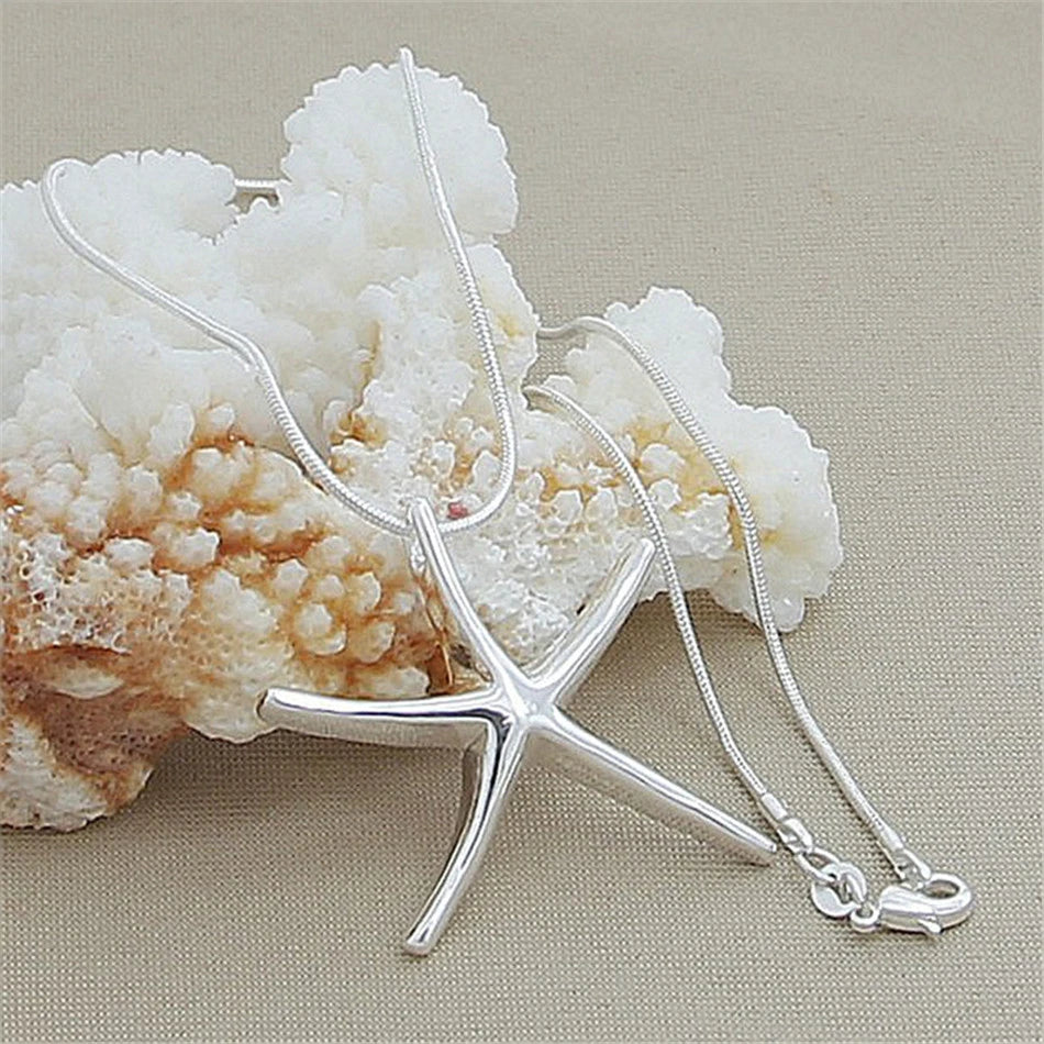 925 Sterling Silver Star & Starfish Charm Necklace