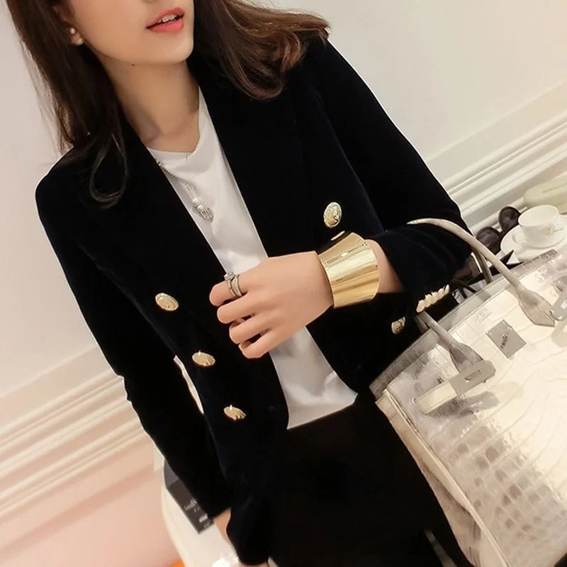 New Spring Fashion Women Midnight Navy Slim Velvet Blazer