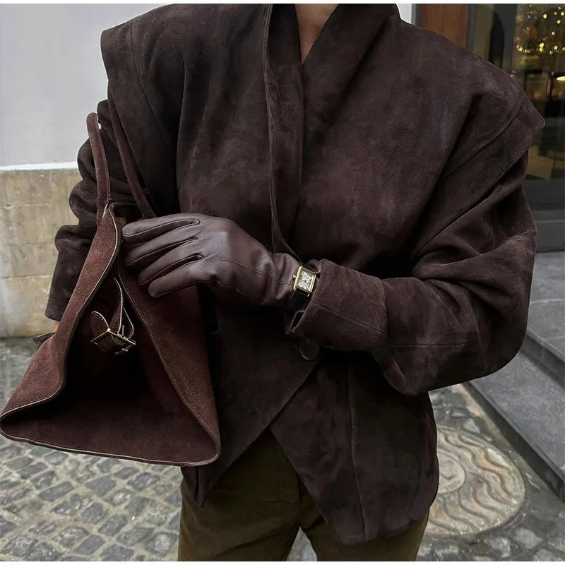 Brown Single Breasted Suede Jacket Women's Fashion