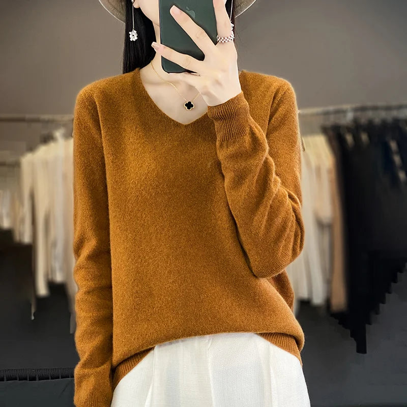 100% Merino Wool V-Neck Sweater for Women