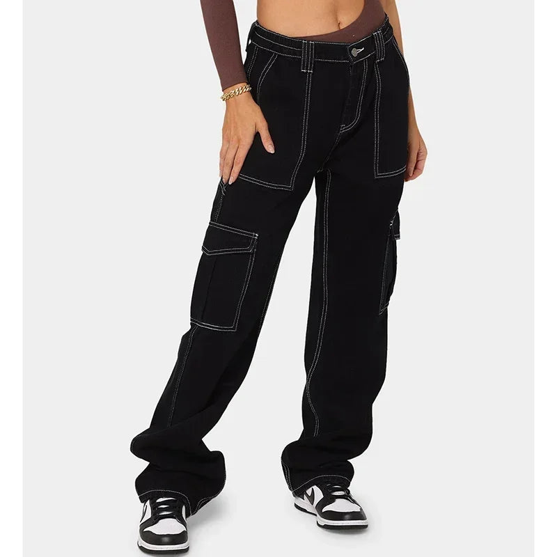 Woman High Waist American Cargo Jeans Lady Straight Leg Cross Pants Girls Fashion Light Blue Dark Blue Black Gray Denim Trousers