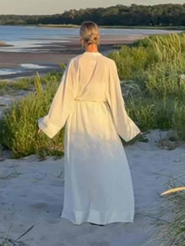 sexy Women's two pieces set dress Suits Lace Trim V-Neck Dresses Belted Maxi Robe Loungewear Chic Sexy Beach home Outfit