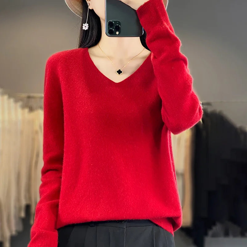100% Merino Wool V-Neck Sweater for Women