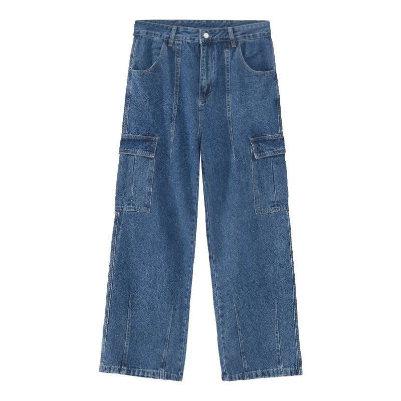 Spring And Autumn Vintage Wide Leg Big Pocket Overalls Men Y2K Neutral Loose Straight Leg Casual High Street Hip Hop Jeans