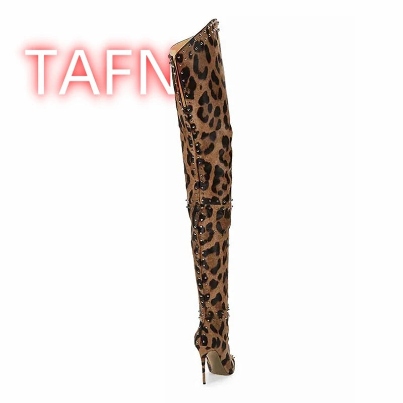 Women Leopard Print Over The Knee Boots Rivets