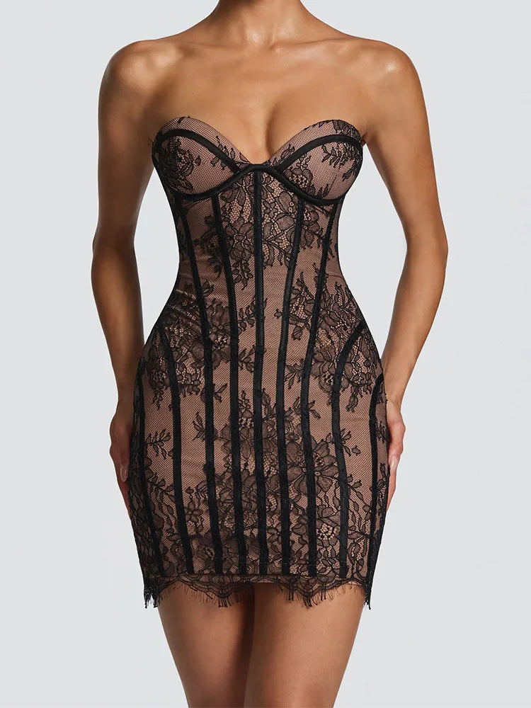 Chic Gauze Fishbone Strapless Dress Women Backless Off-shoulder Waist
