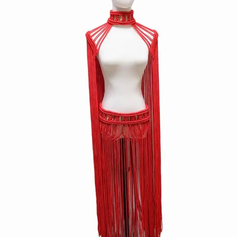 Leosoxs Tassel Hand Crochet Knitted Women Bikini Cover Ups Summer Holiday