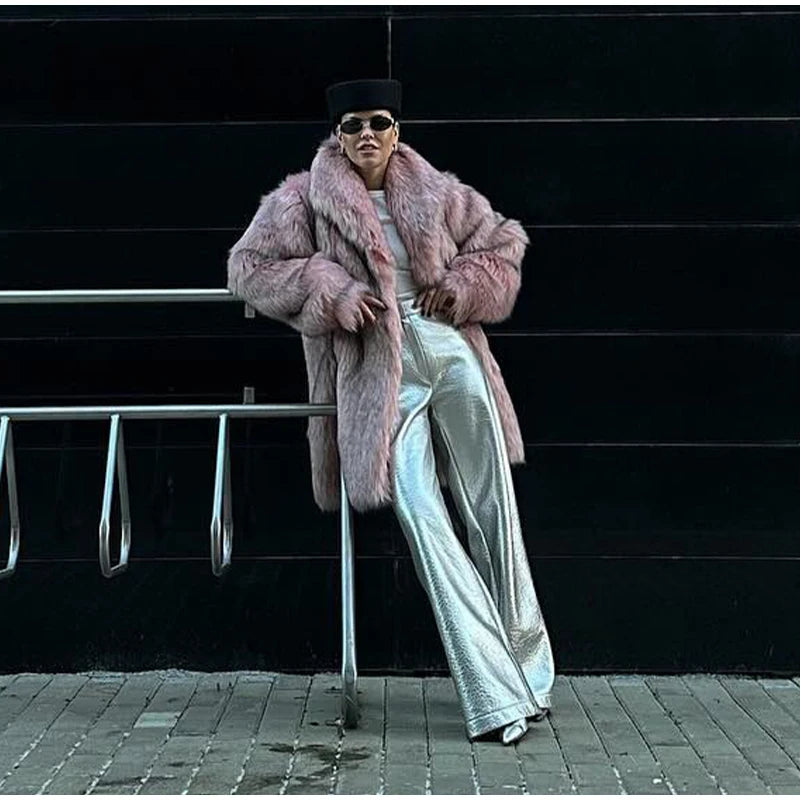 Retro Lapel Rose Red Faux Fur Coats Women