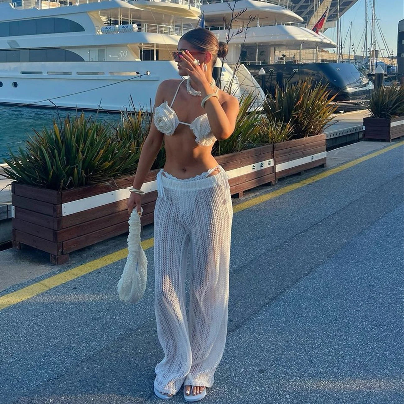 3Pcs Lace Up Bikini With Long Pants Floral Swimsuit Women Sexy Swimwear Bandeau Biquini Bodysuit Bathing Suits Sarongs Beachwear