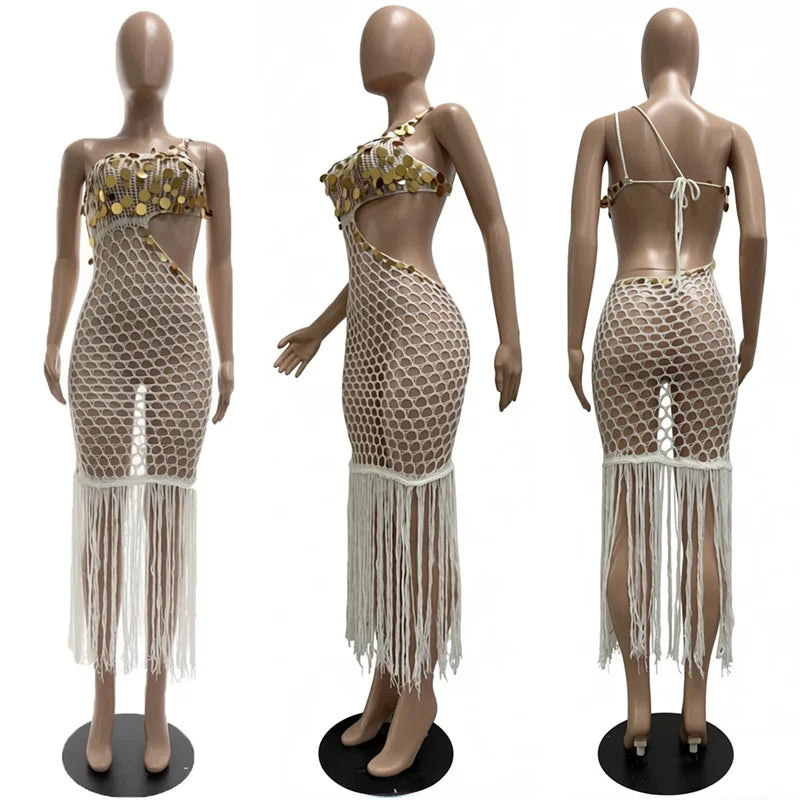 Sexy Fringe Tassel Knit Crochet Cover-up Beach Dress