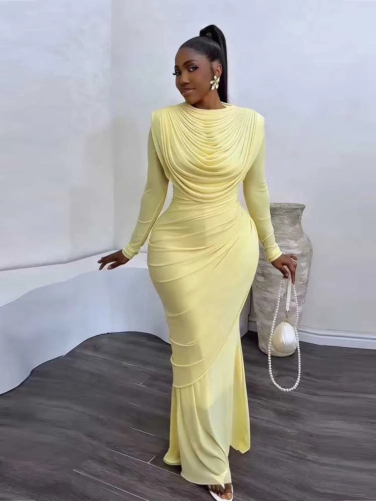 Chic and Elegant Women's Evening Dress Mesh Draped Collar Long Sleeve Bodycon