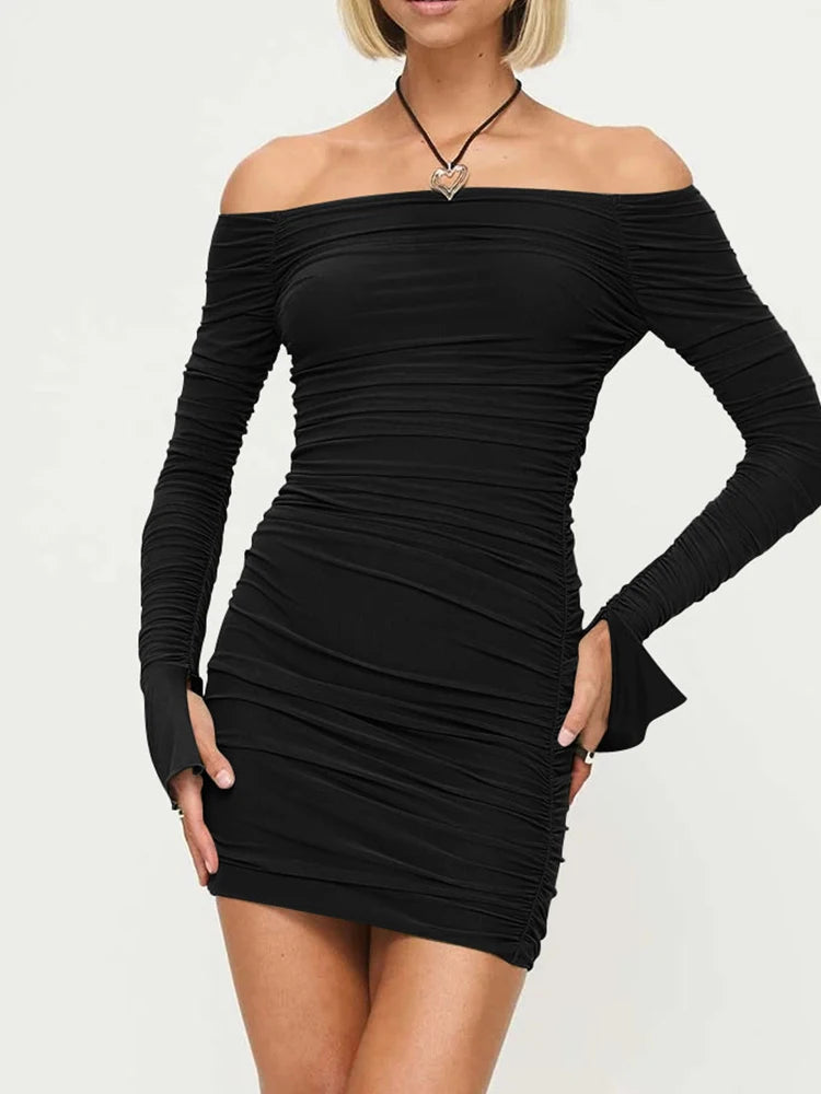 Women's Sexy Off - Shoulder Ruffled Dress with Flare Sleeves Fashion Party Dress