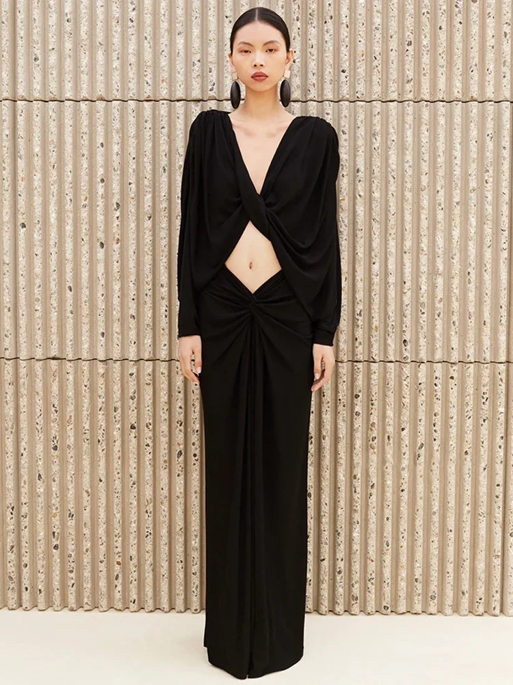 VC Birthday Party Dresses For Women Special Events Sexy V Neck Waist Hollow Out Design Long Sleeves Black Gowns