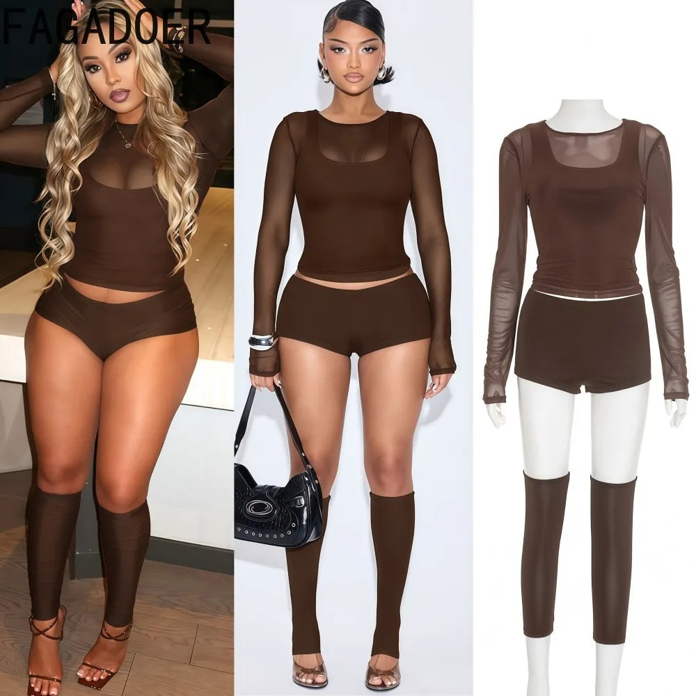 FAGADOER Sexy Mesh 4 Pieces Set for Woman Outfits Solid Color Long Sleeve Crop Top + Shorts Matching Female Streetwear Clothing