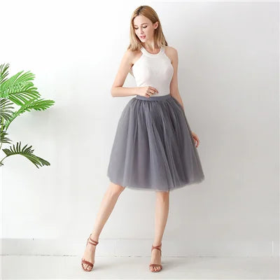 5-Layer Black Pleated Tulle Midi Skirt