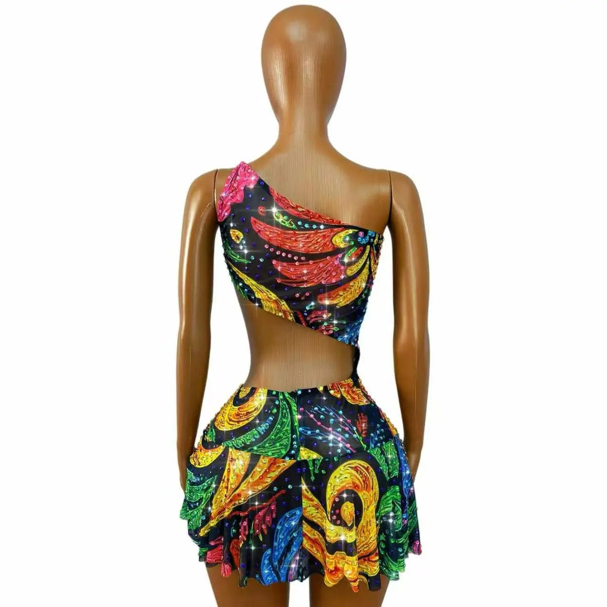 Xingyunhua Women Sparkly Multicolor Swirl Floral Rhinestone MeshDress