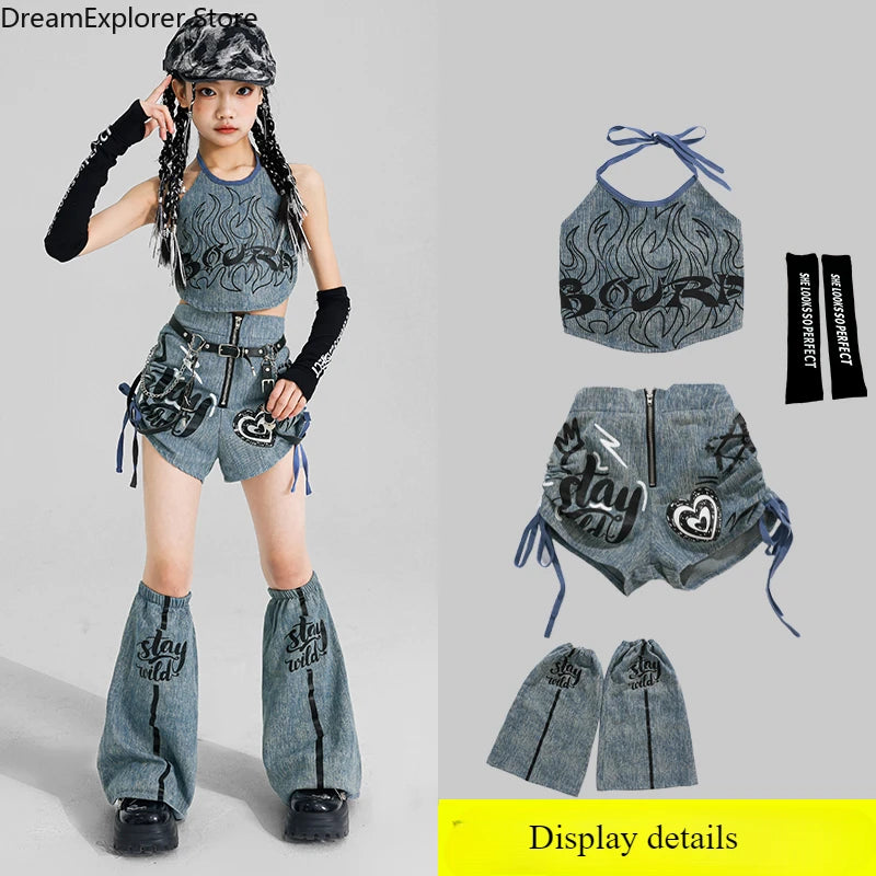 K-pop Girls' Denim Crop Top & Cargo Jeans Set