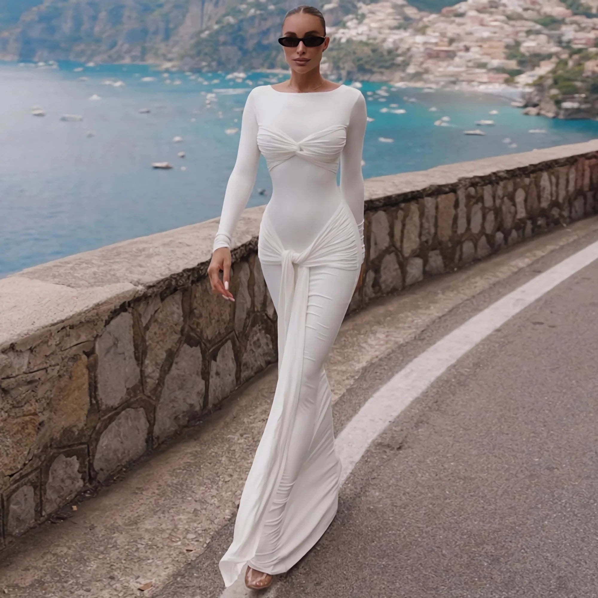 Sexy Elegant Party Dress Women White Long Sleeve Pleated Midi Dress for Evening Dinner Club