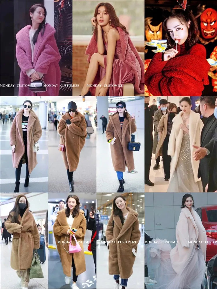 Winter Jacket Women Long Coat Wool Woven Fabric Thick Warm