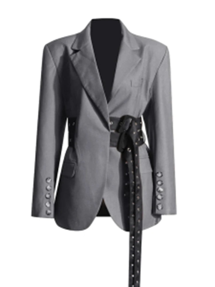 VGH Fashion Patchwork Belts Blazers For Women Notched Collar Long Sleeve Hit Color Casual Temperament Blazer Female Fashion New