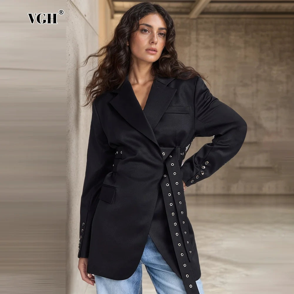 VGH Fashion Patchwork Belts Blazers For Women Notched Collar Long Sleeve Hit Color Casual Temperament Blazer Female Fashion New