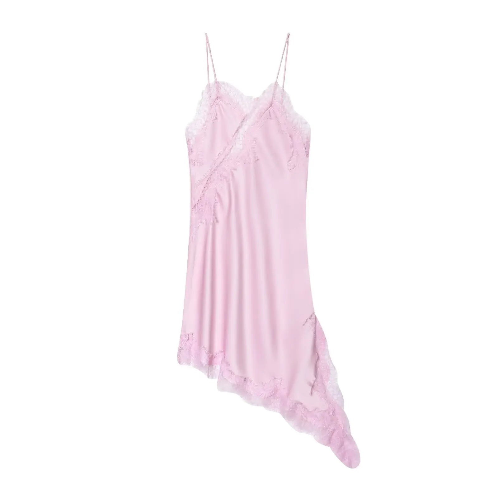 Satin Sexy Lace Spliced Short Sling Dress Women Sleeveless Backless Asymmetric Sexy Party Dresses 2025 Summer Lady Dress 