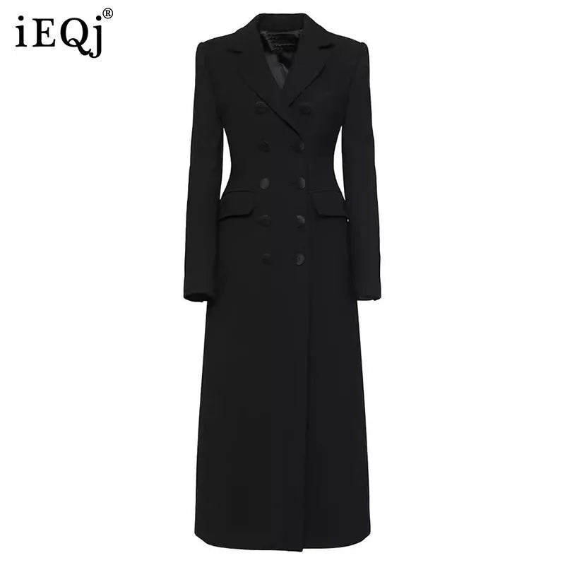 DEAT Fashion Black X-long Blazer Women's Lapel Slim Fit Double Breasted Full Sleeves Suit Jacket Autumn New