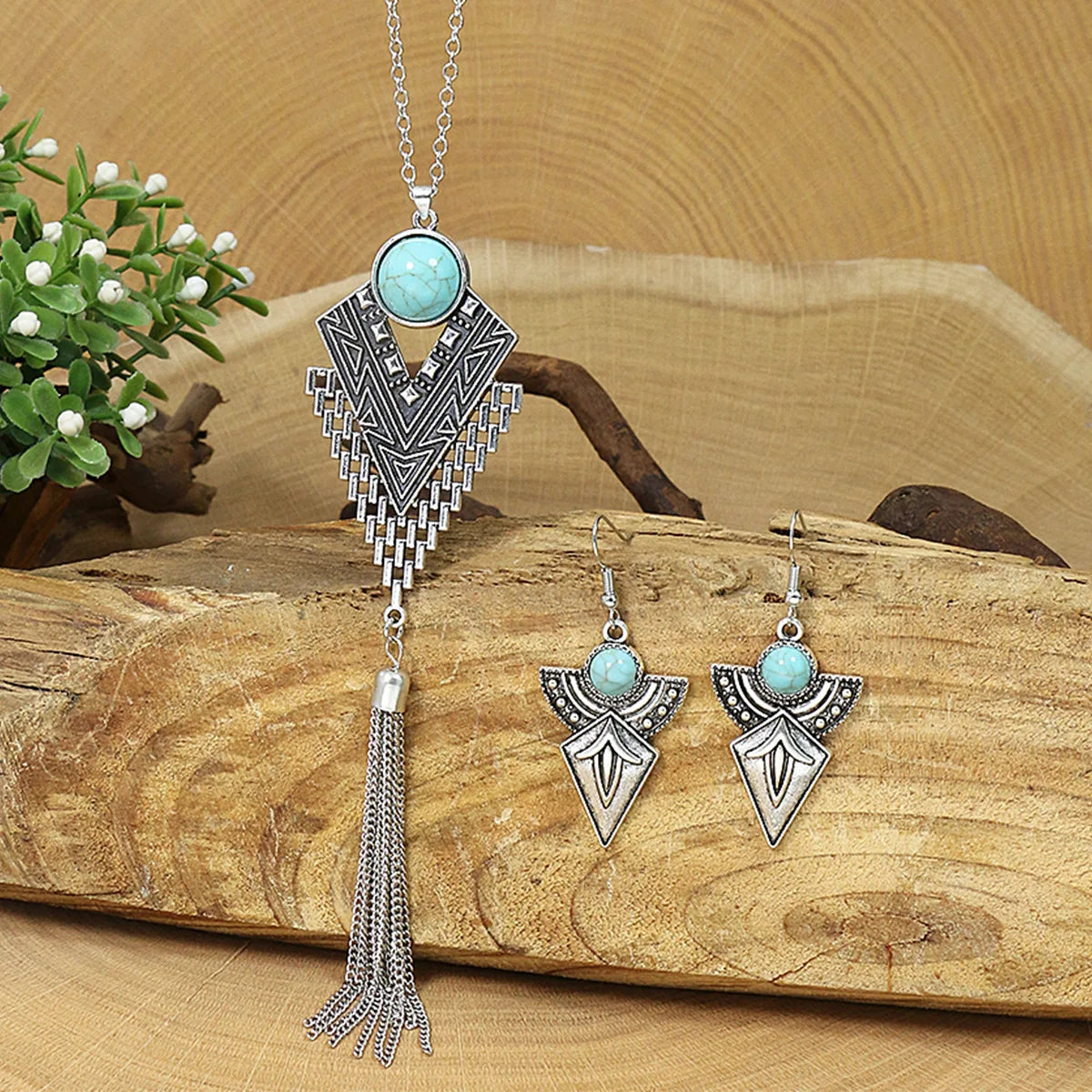 Ethnic Blue Stone Tassel Necklace & Earrings Set