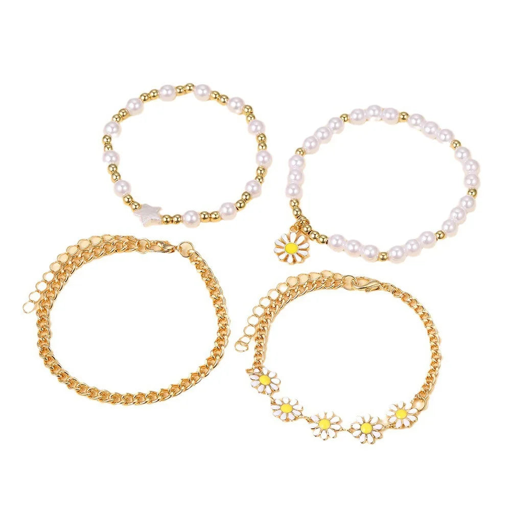 4pcs Vintage Daisy Flower & Pearl Bracelet Set
