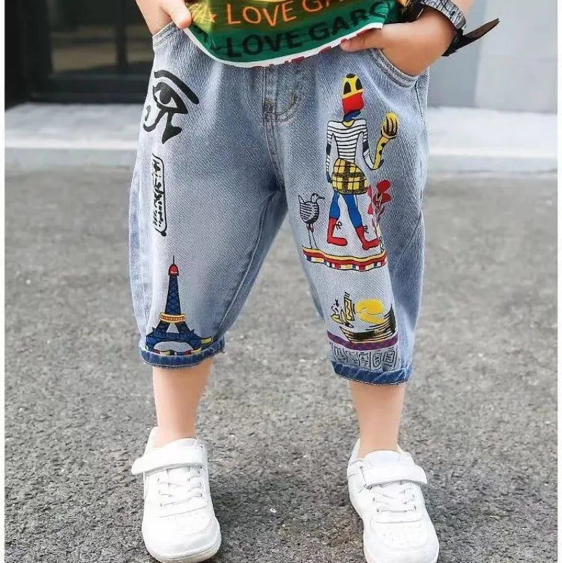 Boys Loose Cartoon Printed Jean Shorts