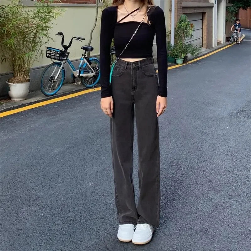 High Waist Straight Leg Bell Bottom Jeans