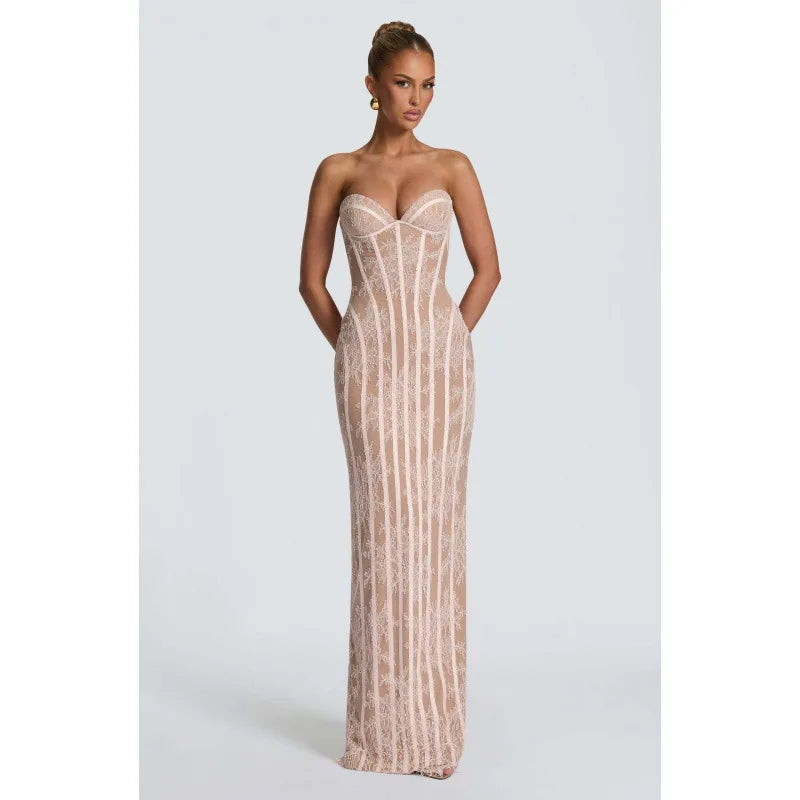 2026 New Womens Elegant Strapless Lace Maxi Dress