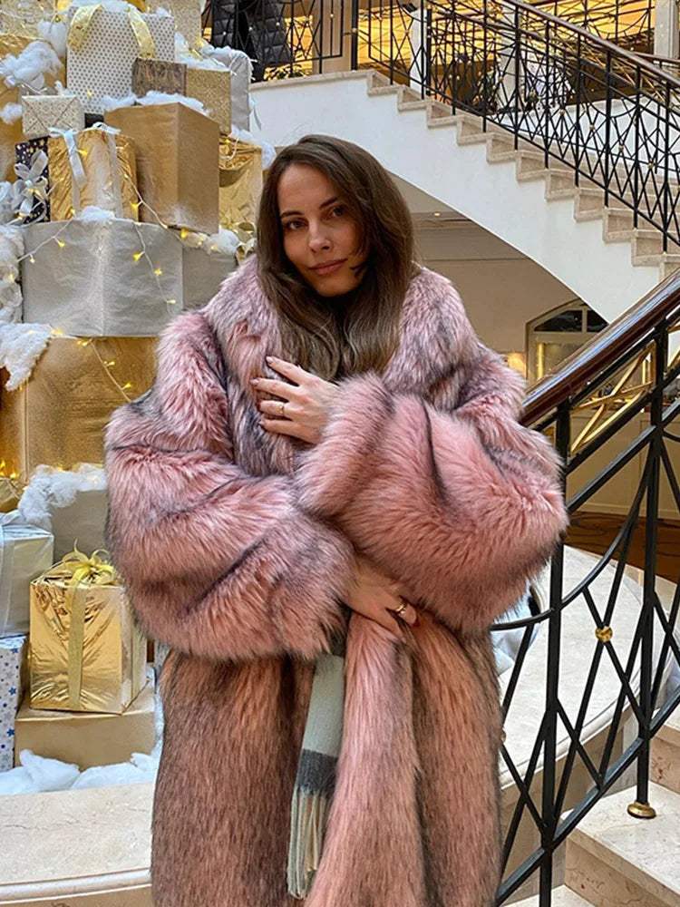 Retro Lapel Rose Red Faux Fur Coats Women