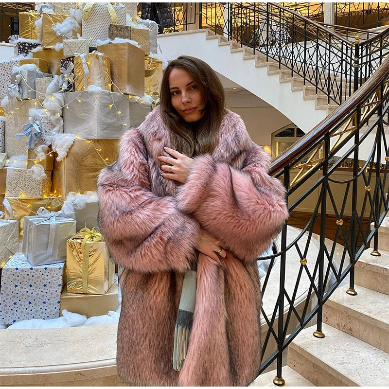 Retro Lapel Rose Red Faux Fur Coats Women