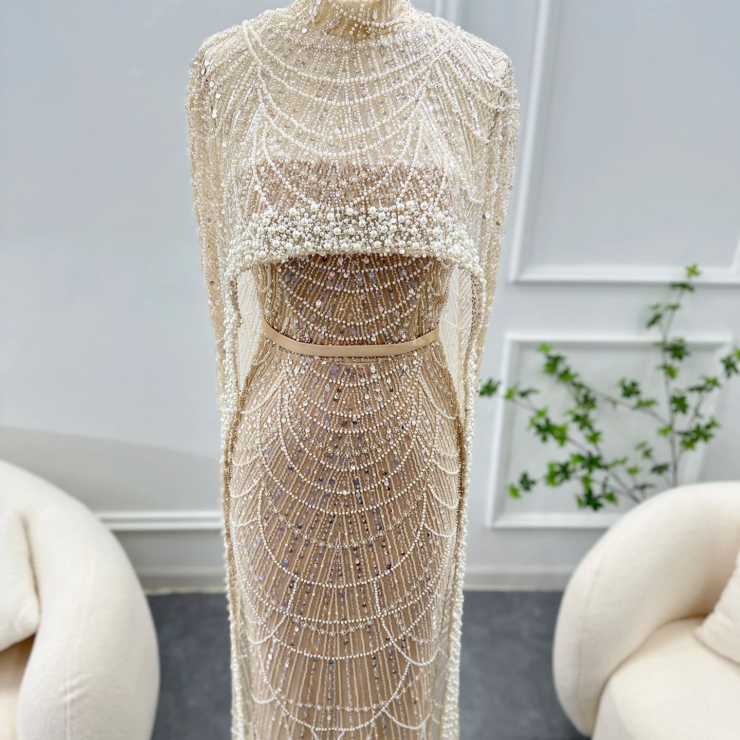 Sharon Said Luxury Pearls Dubai Champagne Evening Dresses