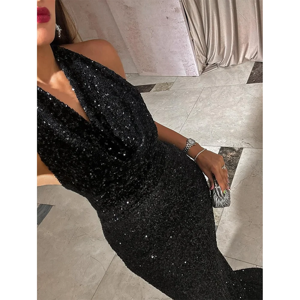 Luxury Evening Party Dress for Women Sexy Halter Neck Sequin Prom Gown Sleeveless Mermaid Long Formal Party Dress Customized