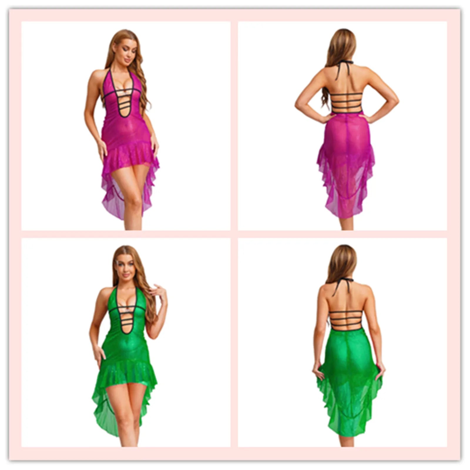 Womens Sexy Dress with T-back Thong Shiny Sequin Bodycon Dress Lace-up Halter Backless Plunge V Neck Ruffled High-low Hem Dress