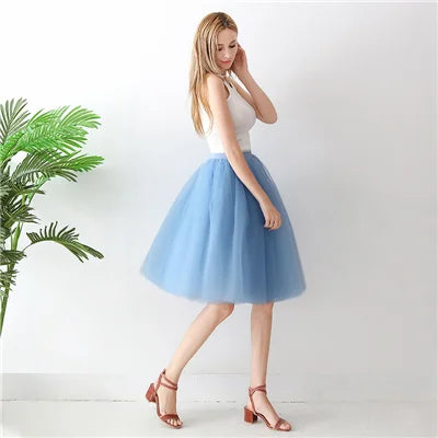 5-Layer Black Pleated Tulle Midi Skirt