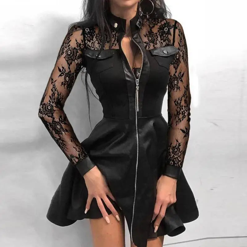 Faux Leather Dress Women Sexy Lace Mini Dress
