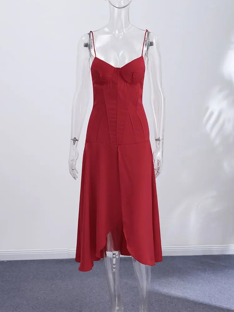 Spaghetti Strap Elegant Women Red Satin Dress