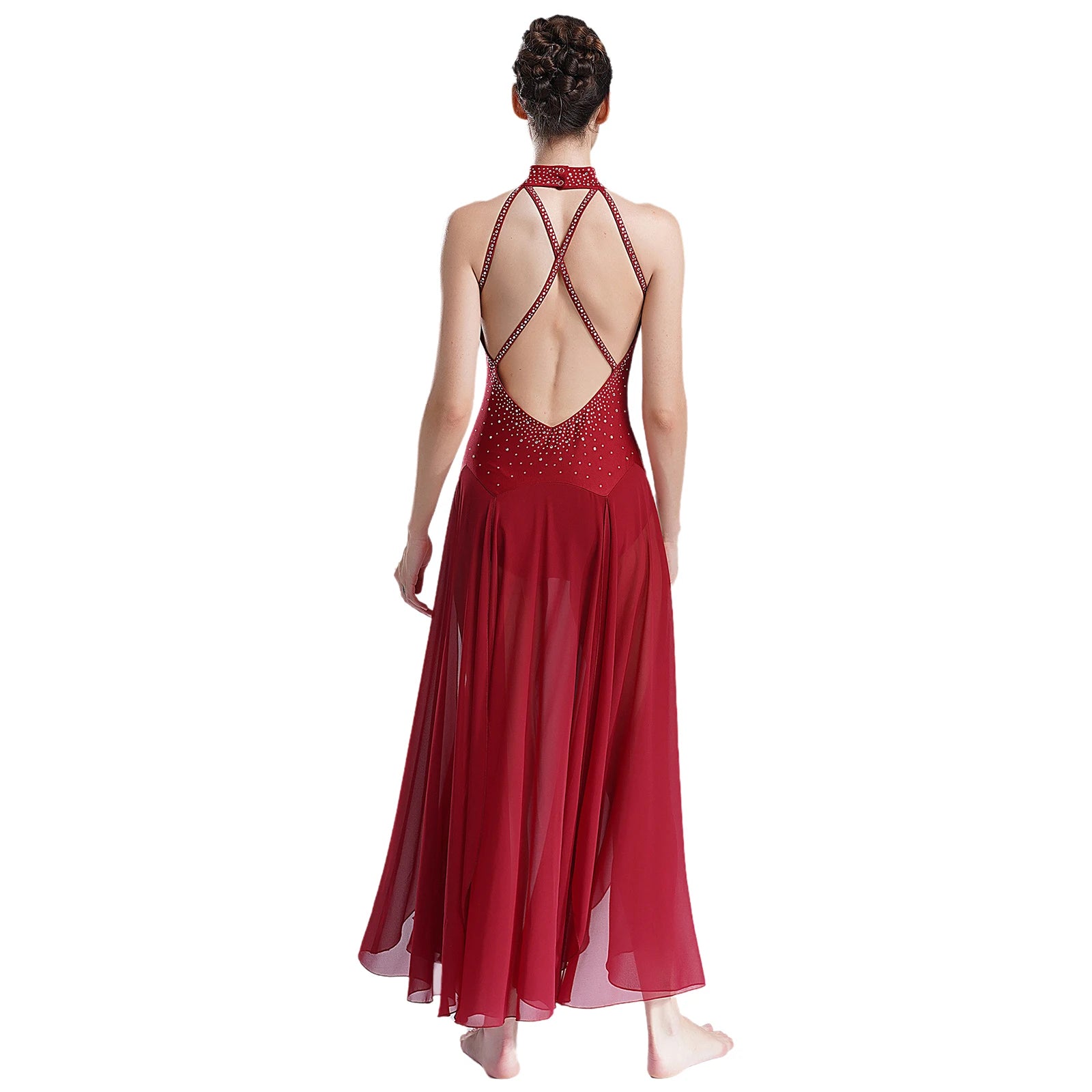 Womens Lyrical Dance Dress Modern Contemporary Dancewear Halter Strappy Back Rhinestones Split Dress for Performance Competition