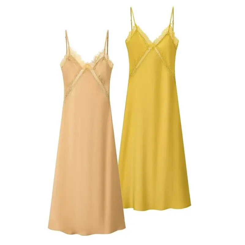 Silk Satin Texture Sexy Dress Women Summer Elegant Lady Long Dresses Daily Streetwear Holiday Clothing Lace Edge