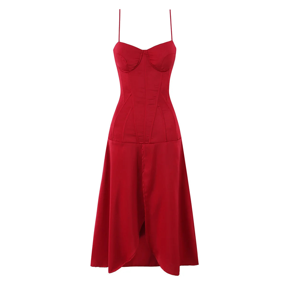 Suninbox Red Satin Spaghetti Strap Midi Dress Women Corset