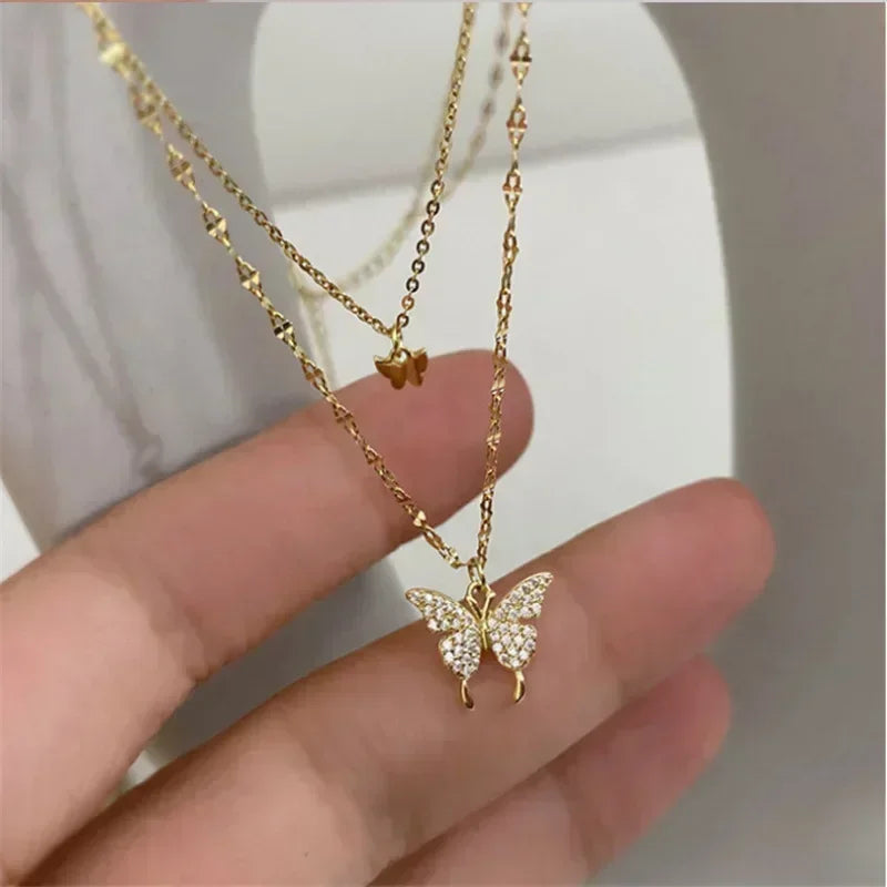 Crystal Zircon Butterfly Pendant Necklace
