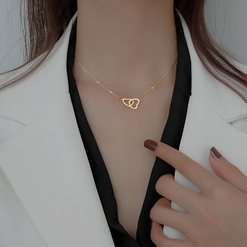 925 Sterling Silver Double Ring Heart Necklace