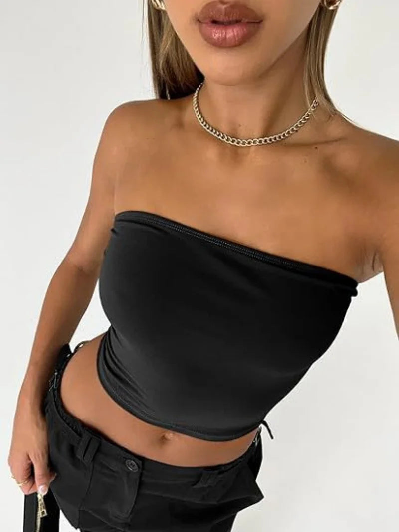 Elegant and sexy Summer women's top Strapless vest Black exposed navel Spicy girl style Slim Female style