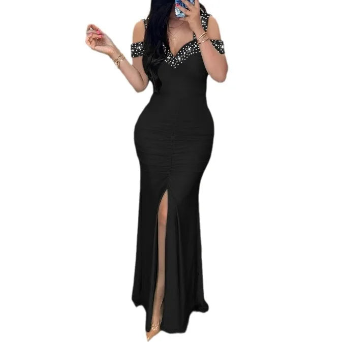Woman Sexy High Waist Evening Dresses Fashion Women's Clothes Rhinestone Cold Shoulder Slit Ruched Elegant Party Dress for Women