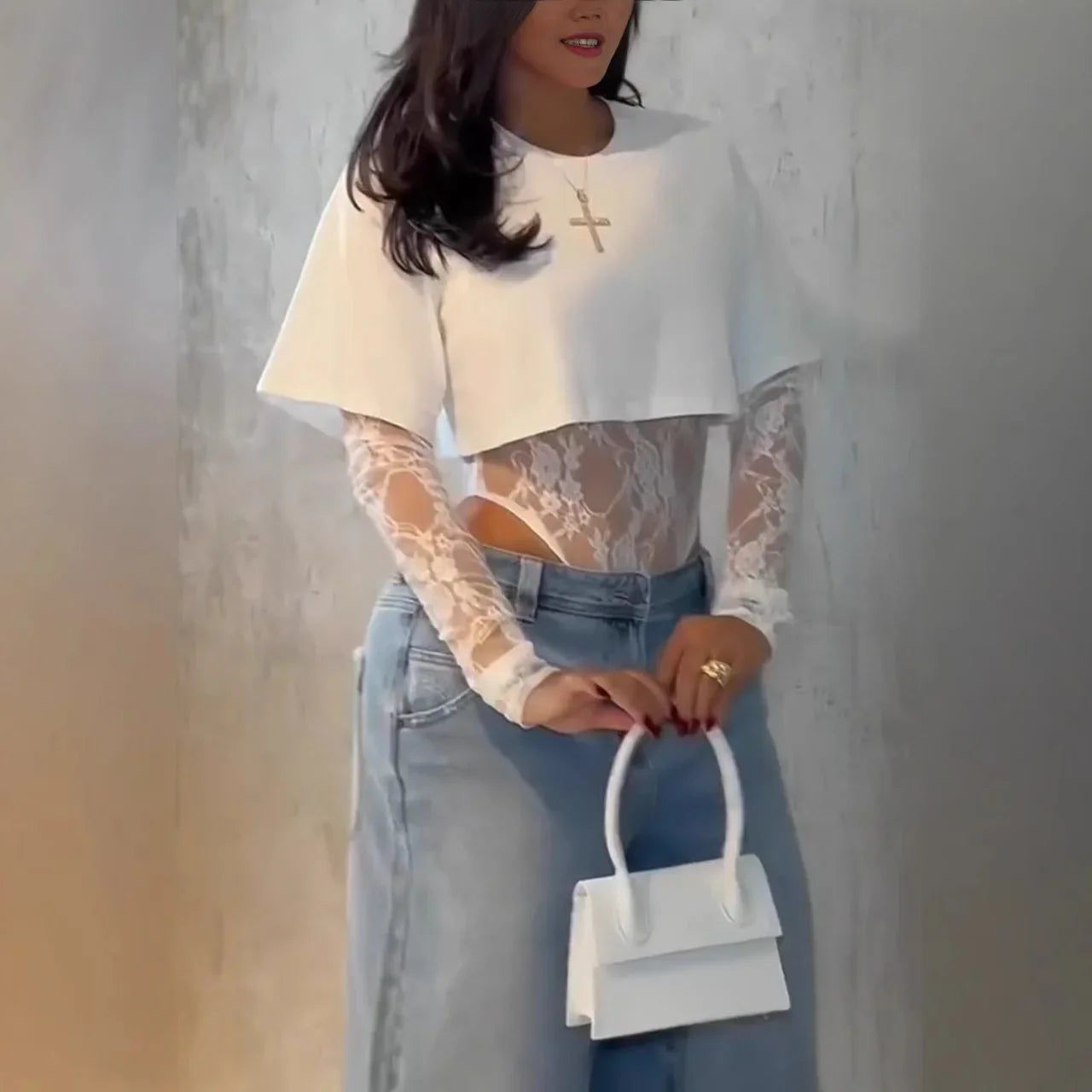 Lace Long Sleeve Crew Neck T-Shirt Women's One-Piece Summer Fashion Streetwear True Two-Piece Comfortable Knitted Polyester