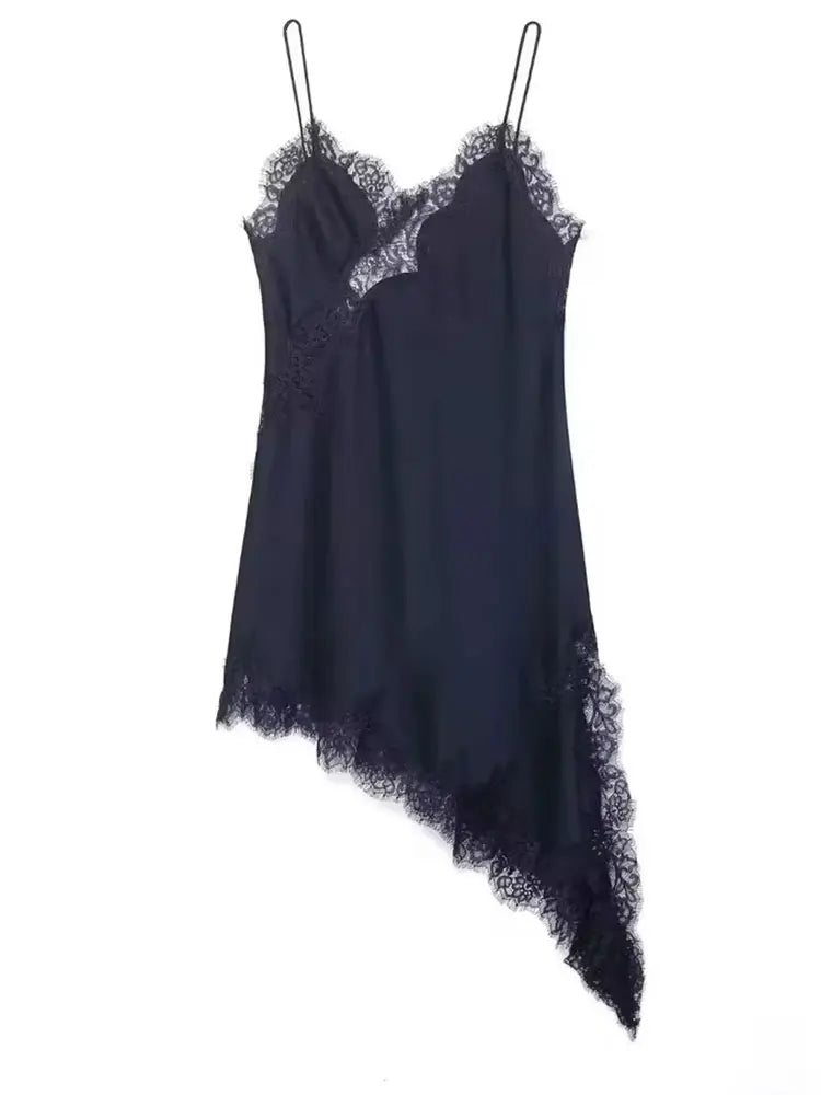 Women Lace Satin Dress Asymmetrical Lace Hem Spaghetti Strap